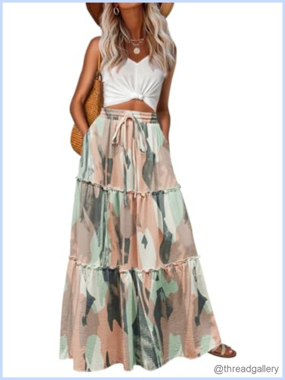 High Waisted Boho Maxi Skirt Tiered Floral Flowy with Pockets